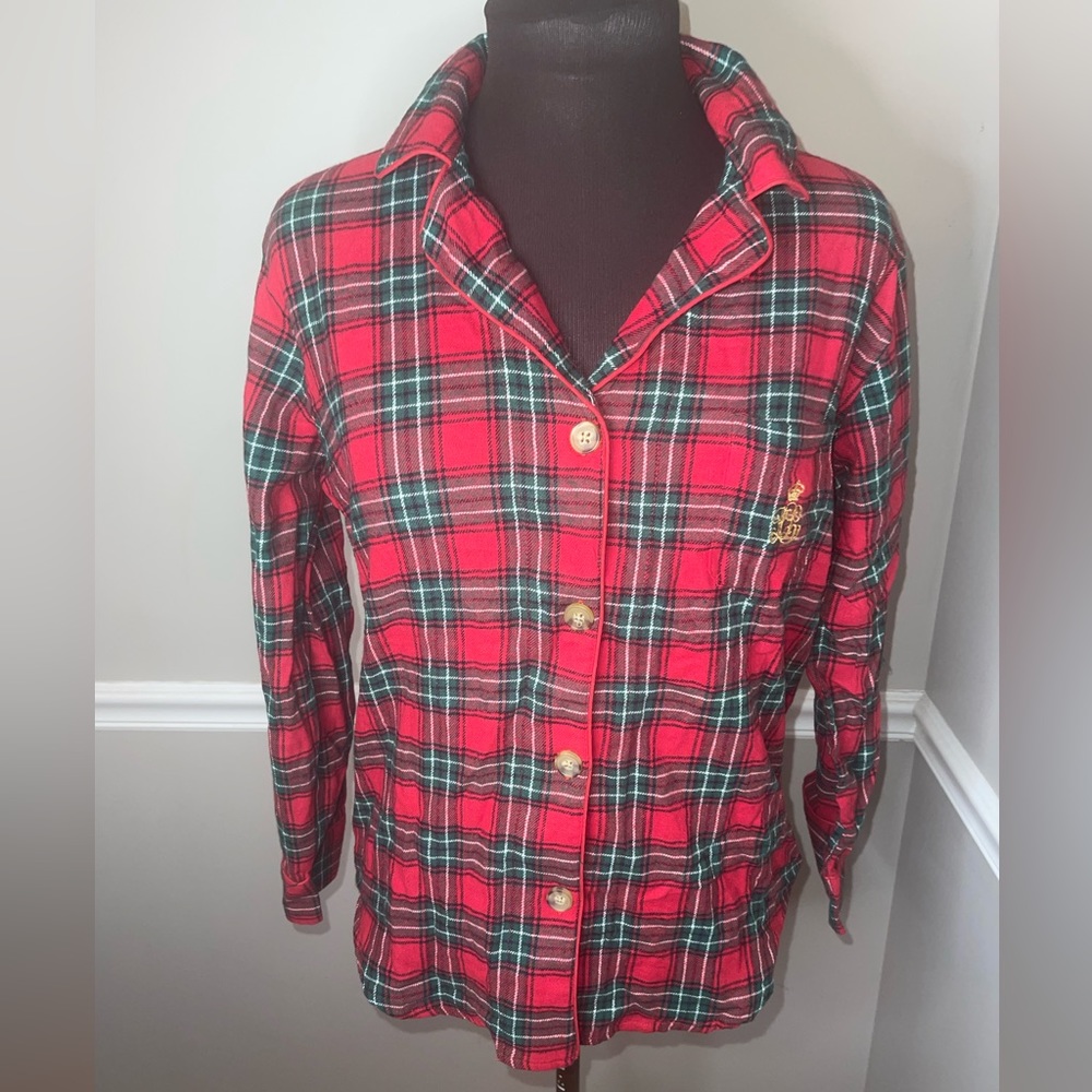 Lauren Ralph Lauren Flannel Christmas Pajama Top Womens M Red Embroidered LRL